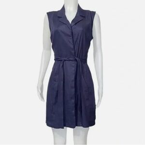 HALSTON Navy Blue Stretch Linen Belted Waist Tie Collared Shirt Dress - size 2